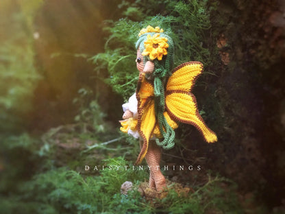 Amigurumi Doll Sunflower Fairy Crochet Pattern, crochet woodland doll pattern