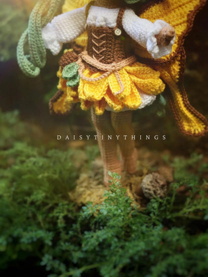 Amigurumi Doll Sunflower Fairy Crochet Pattern, crochet woodland doll pattern