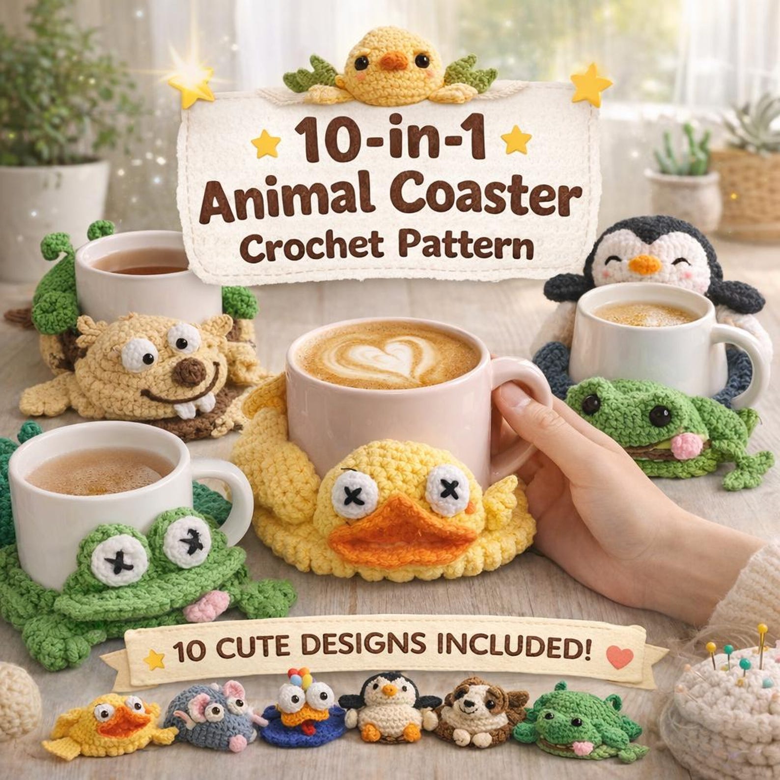 10-in-1 Animal Crochet Coaster Patterns, Mug Hugger Bundle