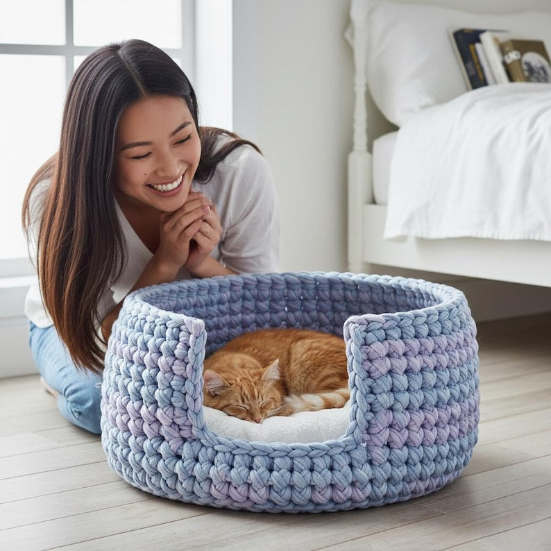 Crochet Cat Bed Pattern PDF – Stylish Pet Nest, Easy Chunky Yarn DIY