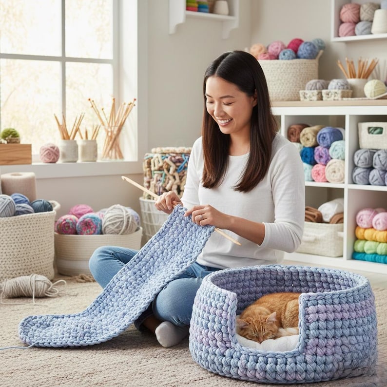Crochet Cat Bed Pattern PDF – Stylish Pet Nest, Easy Chunky Yarn DIY