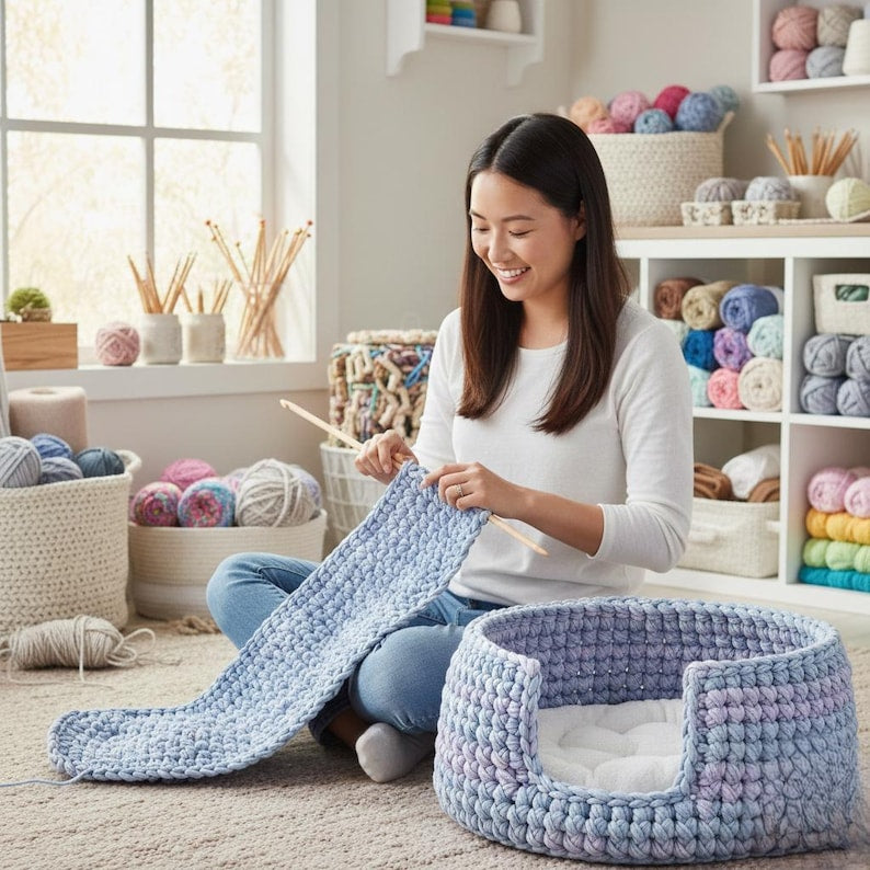 Crochet Cat Bed Pattern PDF – Stylish Pet Nest, Easy Chunky Yarn DIY